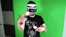 a man wearing a virtual reality headset is holding a controller