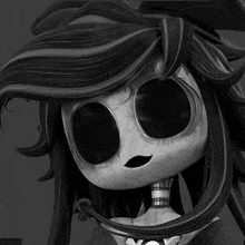 a black and white drawing of a skeleton girl with long hair