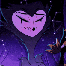 a close up of a cartoon character with a purple background .