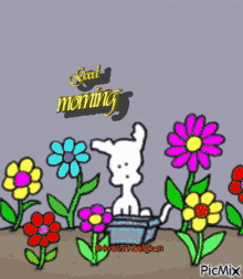 a cartoon of a dog in a pot of flowers with the words good morning written above it