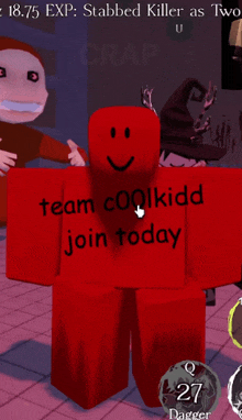 a red roblox character with the words team coolkidd join today on it