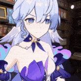 a girl with blue hair and wings is standing in front of a book shelf