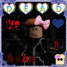 a picture of a girl with a pink bow and hearts that says dead