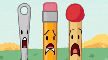 a cartoon drawing of three pencils with faces on them and blood coming out of them