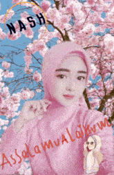 a woman wearing a pink hijab is surrounded by pink flowers and has the name nash above her head