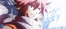 a close up of a person with pink hair and a scarf around their neck