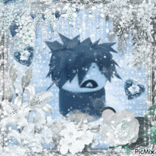 a picture of a cartoon character with flowers and hearts and the word love on it