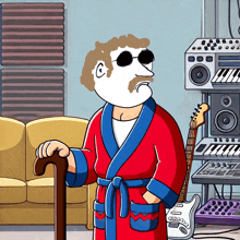 a cartoon of a man in a robe with a cane and a guitar