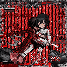 a picture of a girl holding a bloody sword with the words " bloodthirsty sweet as pie " on the bottom