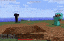 a blurry picture of a minecraft game with a man in a green armor standing in the middle of a field .