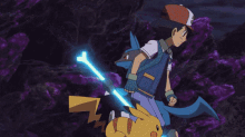 a cartoon character with the letter z on his back is standing next to a pokemon