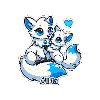a sticker of two white foxes with blue eyes and the words all in on the bottom