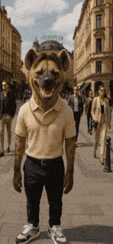 a hyena wearing a polo shirt and a chain around its neck stands on a city street
