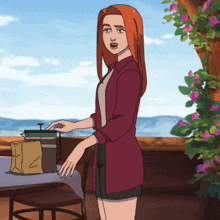 a cartoon of a woman in a red jacket