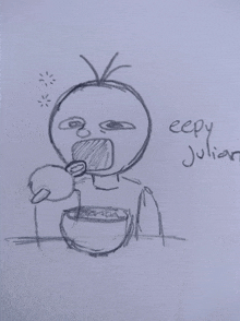a drawing of a person eating cereal with the words eepy julian on the bottom