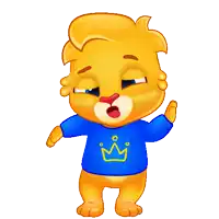 a cartoon lion wearing a blue shirt with a crown on it
