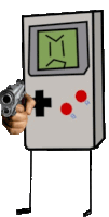 a hand is pointing a gun at a game boy .