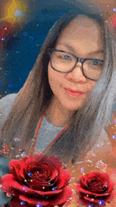 a woman wearing glasses is surrounded by red roses and sparkles