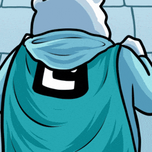 a cartoon drawing of a person wearing a blue cape with a letter c on it