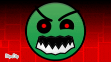 a green smiley face with sharp teeth and red eyes