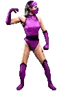 a pixel art of a woman in a purple costume and gloves .