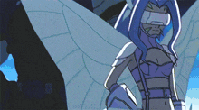 a cartoon character with blindfolds on her eyes and wings