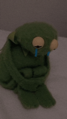a green stuffed frog with a blue tear coming out of its eyes