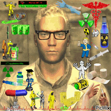 a man with glasses is surrounded by various images including a caduceus