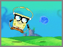 a cartoon of spongebob wearing glasses and holding a bucket