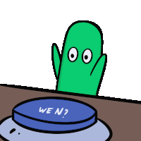 a green cartoon character is pressing a button that says " we n "