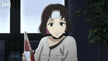 a girl with a bandage on her head is holding a bottle of soda and says you 're right