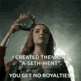 a woman is holding a crown on her head and says `` i created the word `` a-seth-ment '' .