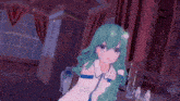 a cartoon girl with green hair is standing in a room