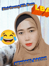 a woman wearing a hijab with a laughing face and the words sengol bacok on the bottom