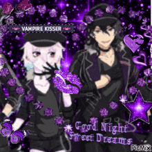 a picture of a vampire kisser with purple flowers