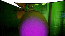 a cartoon character with a big belly is standing in a dark room with a purple light .