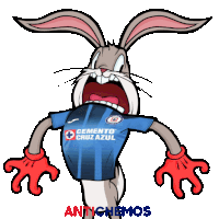 a cartoon rabbit wearing a blue cemento cruz azul shirt