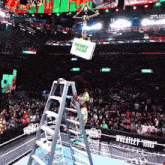 a woman stands on a ladder with a sign that says money bank