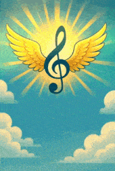 a treble clef with wings in the sky