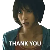 a woman with short hair says thank you in front of her face