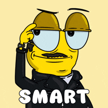 a cartoon character is wearing a black jacket and has the word smart written on his face
