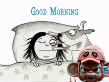 a cartoon of a dog licking a girl 's face and the words good morning