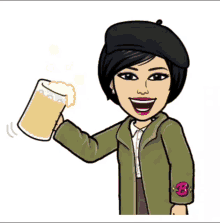 a cartoon of a woman wearing a beret holding a glass of beer .
