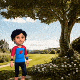 a boy in a blue shirt with a lightning bolt on it