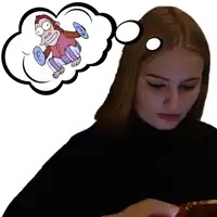 a woman is thinking about a monkey lifting dumbbells in a thought bubble