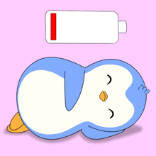 a cartoon penguin is laying down with a battery that is nearly empty