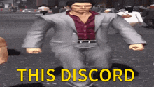 a man in a suit is walking down a street with the words this discord written on the bottom