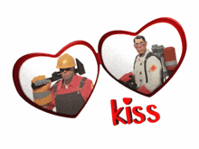 two red hearts with the word kiss on it