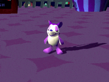 a purple and white cartoon character is standing on a purple tile floor