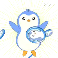 a blue and white penguin is holding a magnifying glass in its mouth